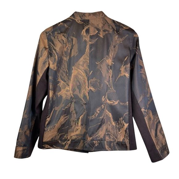 A La Carte Brown Pattern Band Collar Stretch Lightweight Button Up Jacket Pocket - Picture 10 of 12